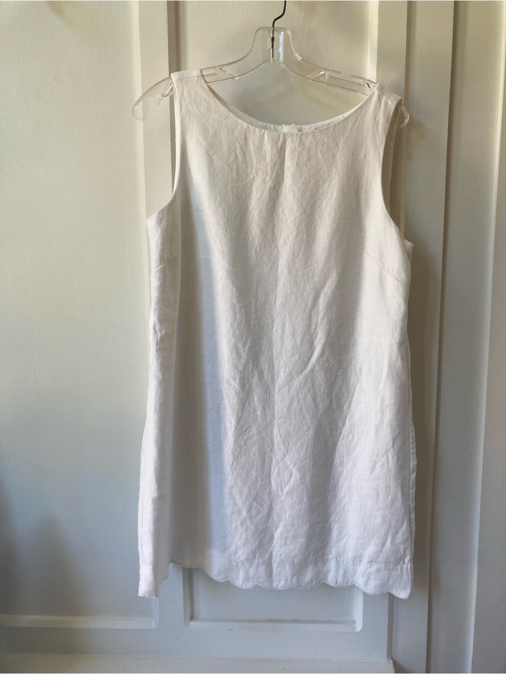 J.Crew Simple White Sleeveless Linen Shift Dress with Scalloped Hem & Back
